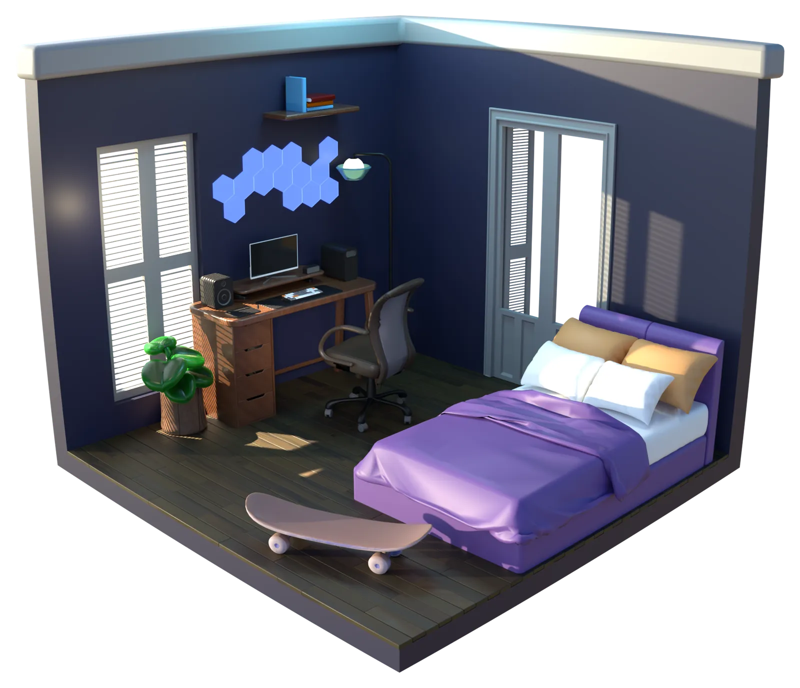 Isometric 3D render of the attacker’s room: a dark bedroom with hexagonal wall lights, a single monitor on a desk, a bed and a skateboard on the floor