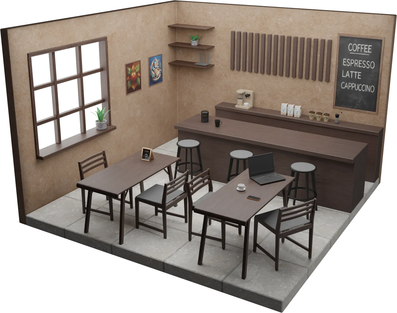 Isometric 3D render of a cafe with wooden tables, bar stools, a counter under a chalkboard menu, a router on the shelf and a laptop and phone left on a table