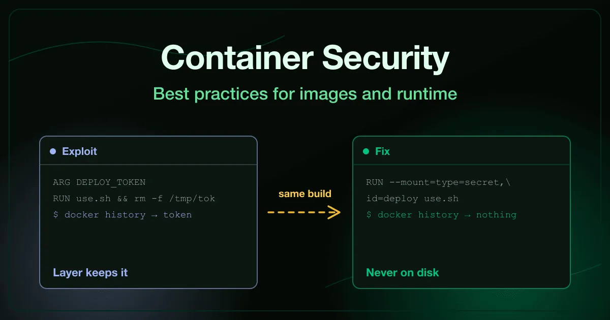 Container security best practices shown as an image layer holding a live credential next to the hardened multi-stage build that never writes it to disk