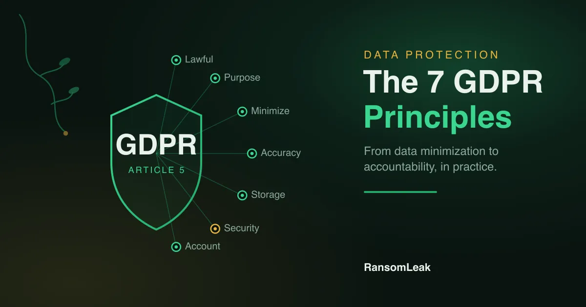 The seven GDPR data protection principles from Article 5 arranged around a privacy shield