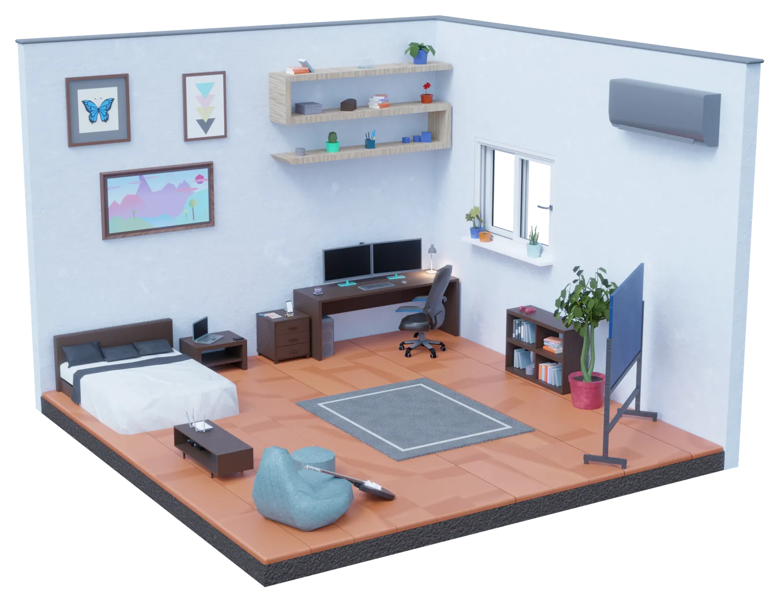 Isometric 3D render of a home office with a two-monitor desk, a bed, a bookshelf, a router on the shelf and a whiteboard