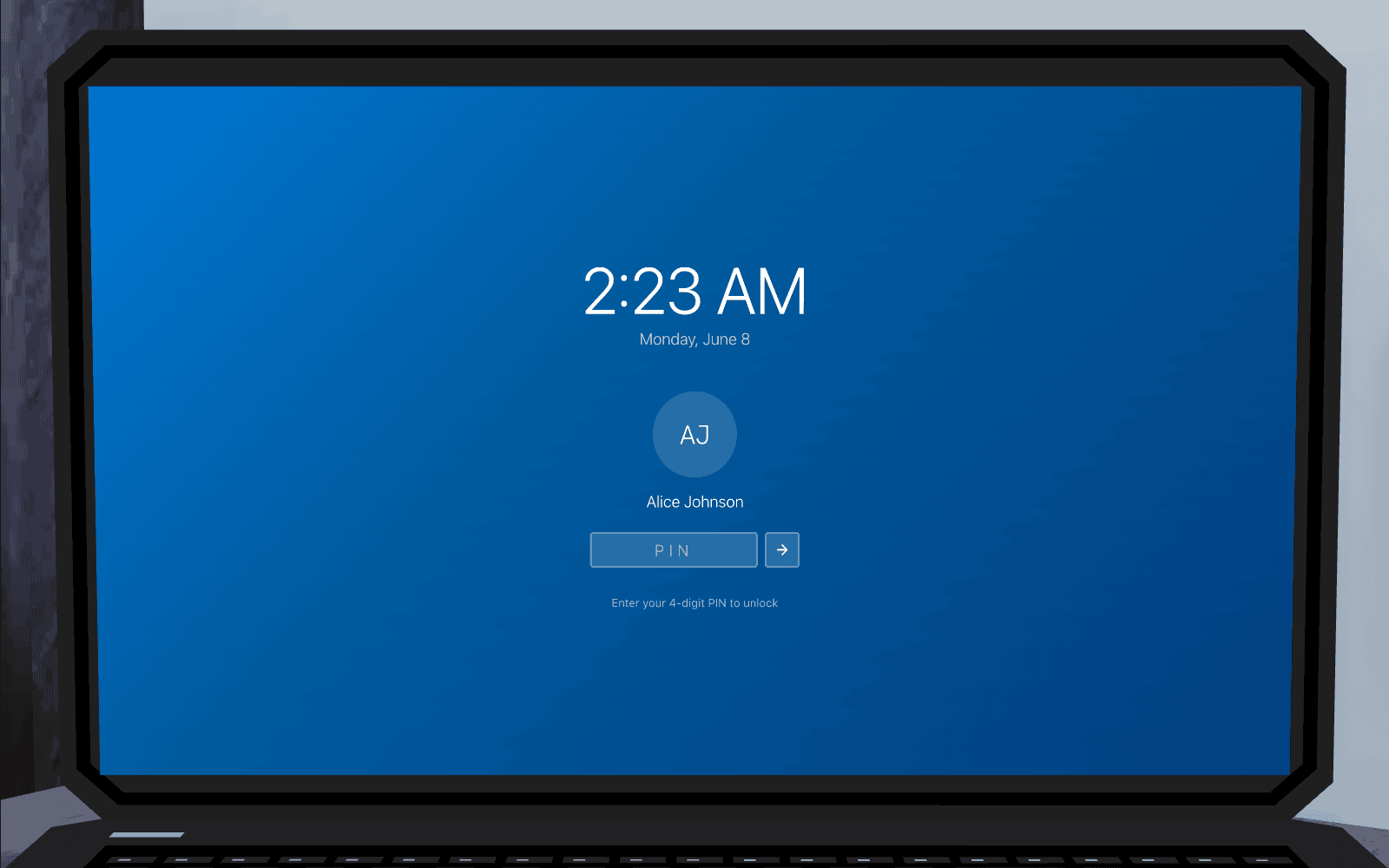 A laptop in the 3D scene showing a Windows lock screen with a PIN prompt