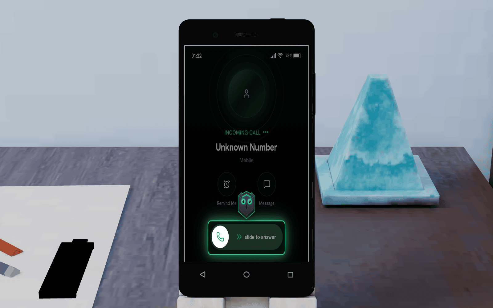 A 3D phone in the scene showing an incoming call from an unknown number with a slide-to-answer control, the way a vishing call actually arrives