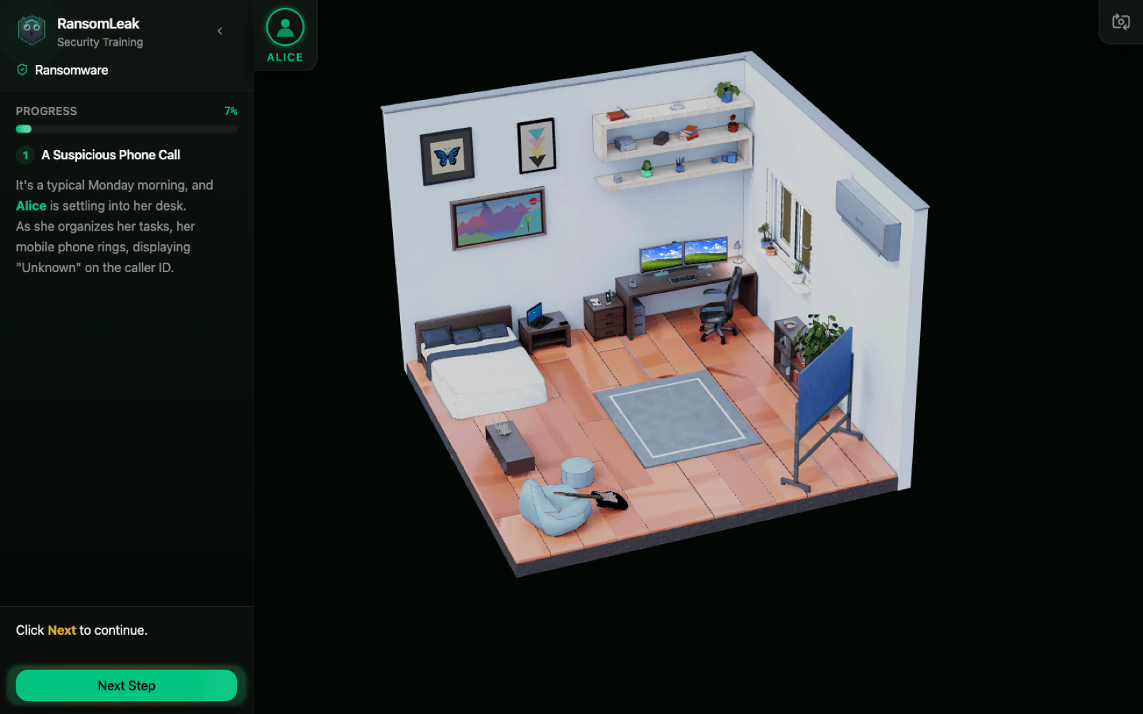 An isometric 3D home office rendered in the browser, with a desk, monitors, and a phone, beside a panel showing the live ransomware scenario and its objectives