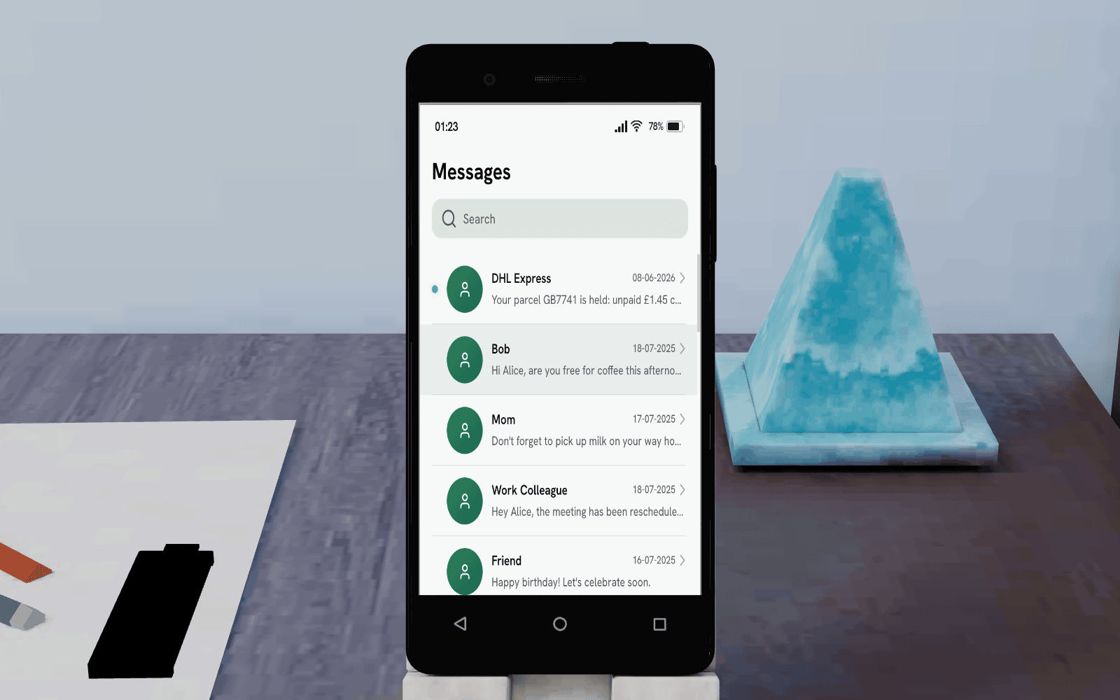 The simulated phone messages app showing a smishing text with a fake parcel-delivery link