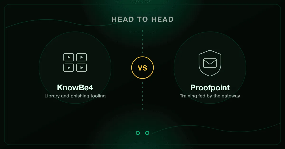 Head-to-head comparison of KnowBe4 and Proofpoint Security Awareness, showing KnowBe4's module library against Proofpoint's gateway-fed training