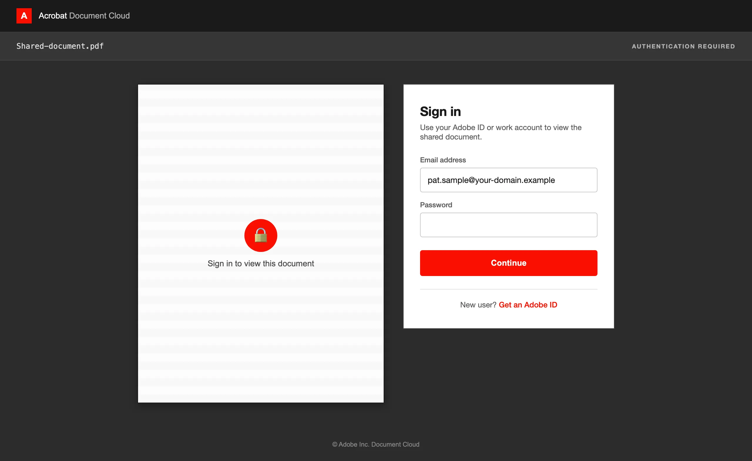 Adobe PDF viewer, simulated phishing landing page