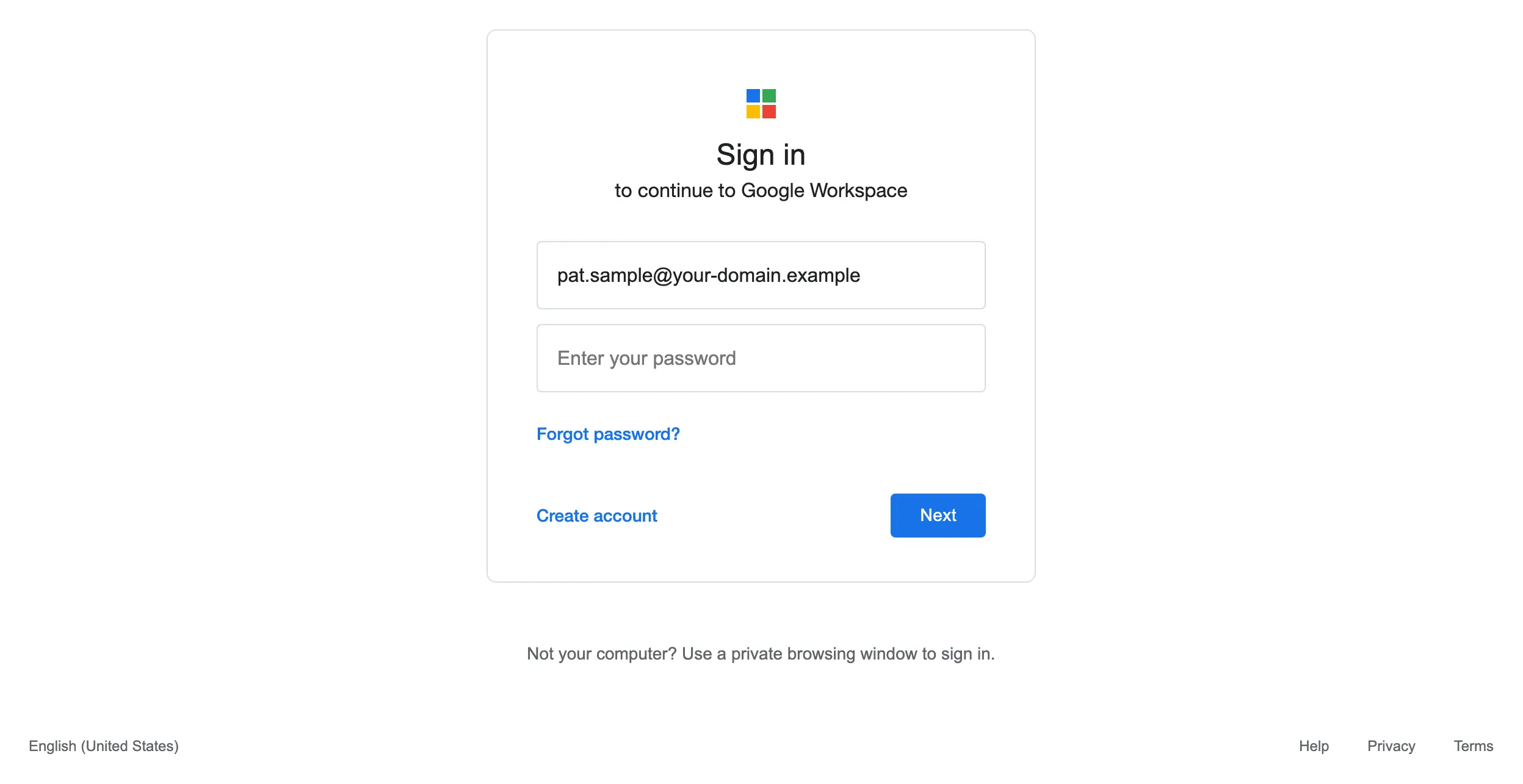 Google Workspace sign-in, simulated phishing landing page
