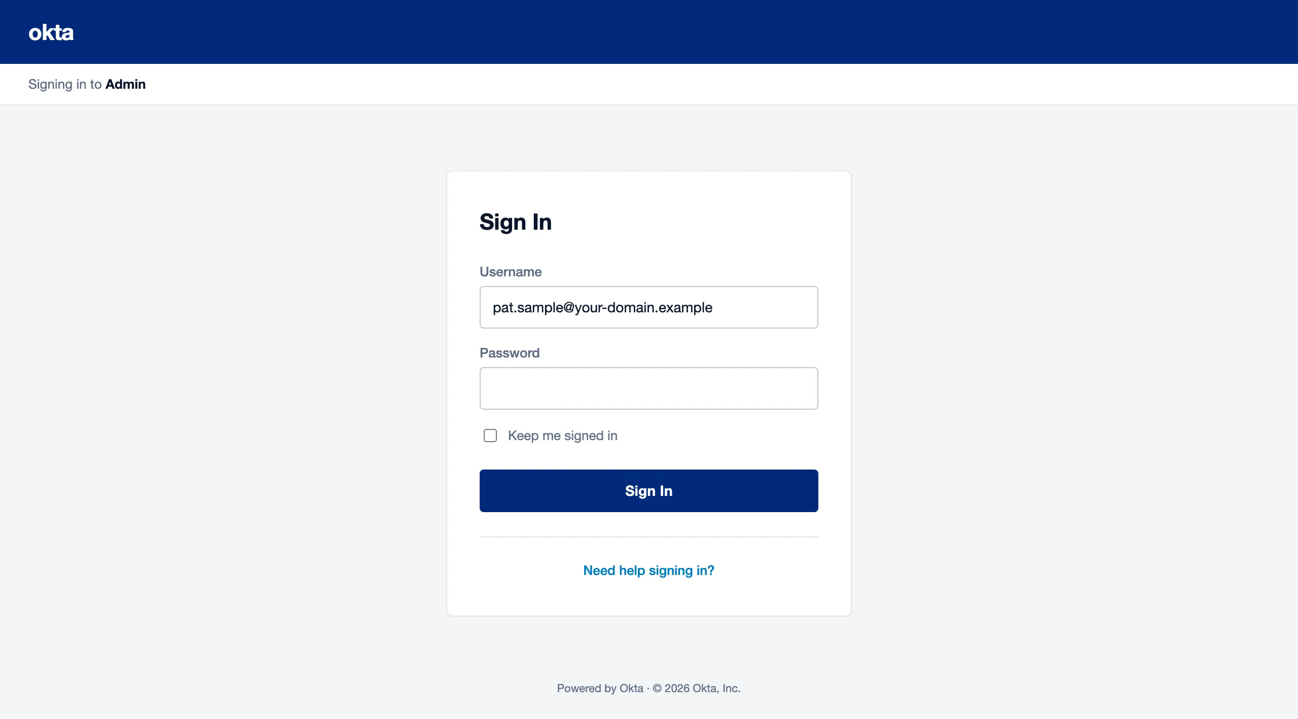 Okta sign-in, simulated phishing landing page
