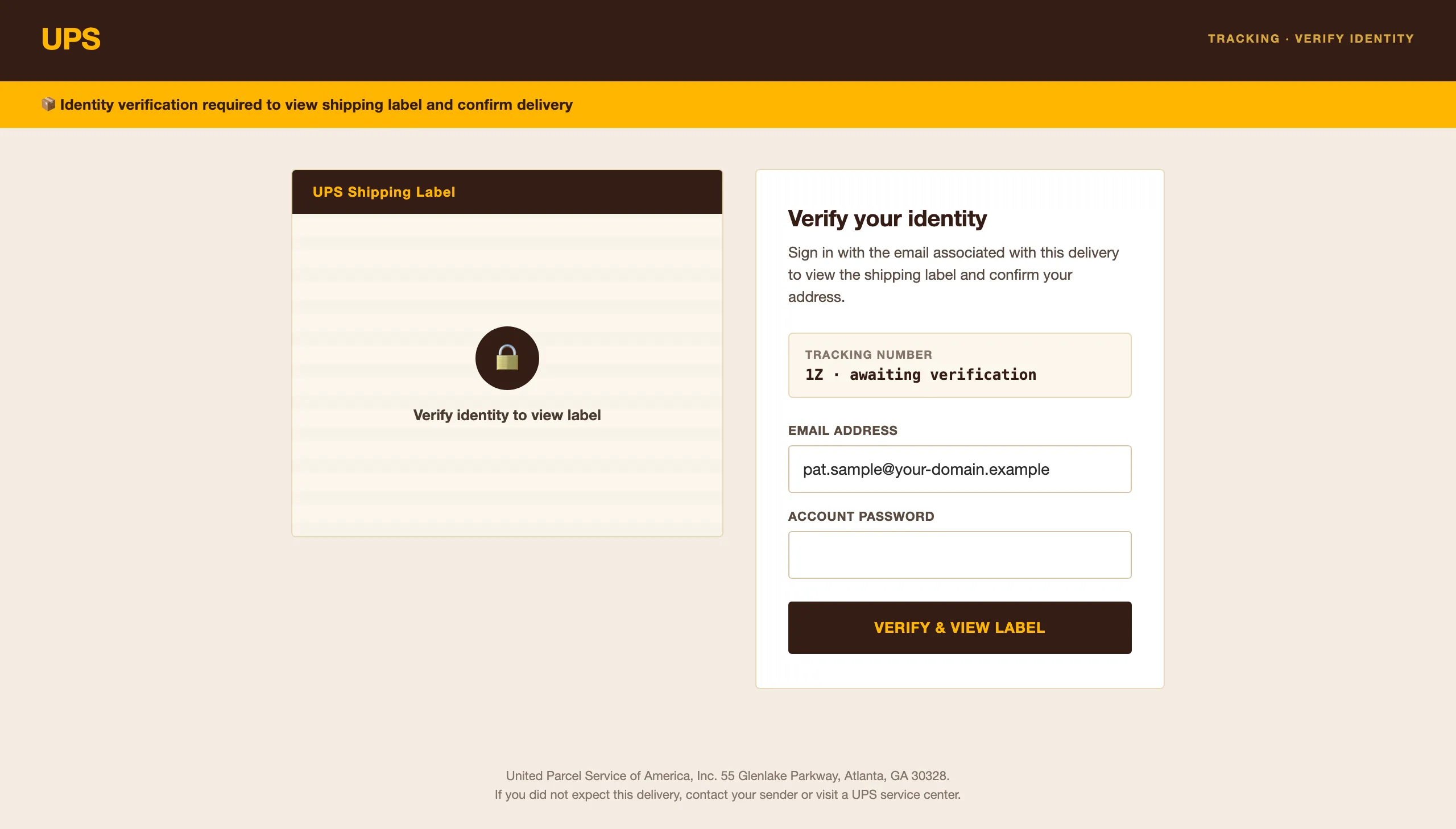 UPS shipping label viewer, simulated phishing landing page