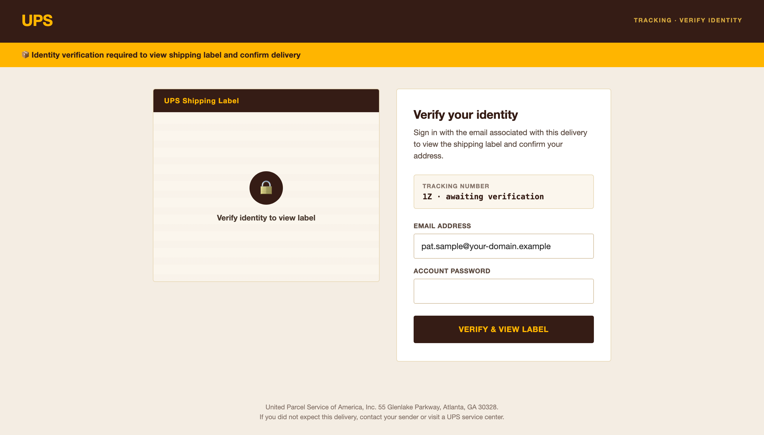 UPS shipping label viewer, simulated phishing landing page