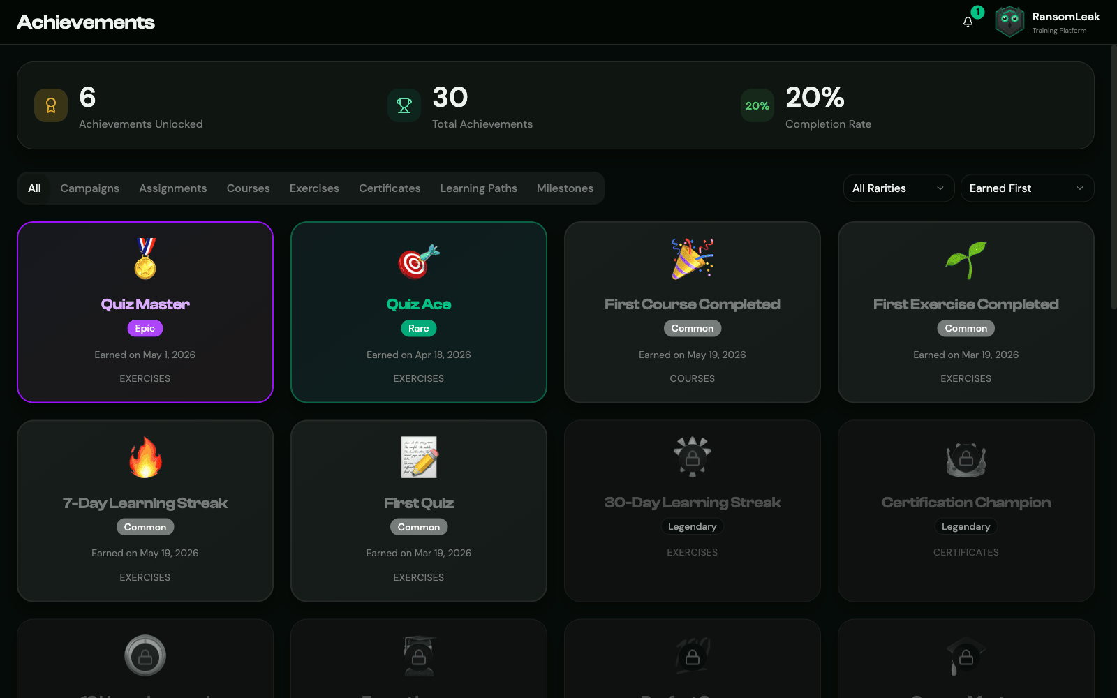 Achievements dashboard showing unlocked badges across Common, Rare, Epic, and Legendary rarity tiers, learning-streak awards, and a Certificates category, with counts for achievements unlocked, total achievements, and completion rate