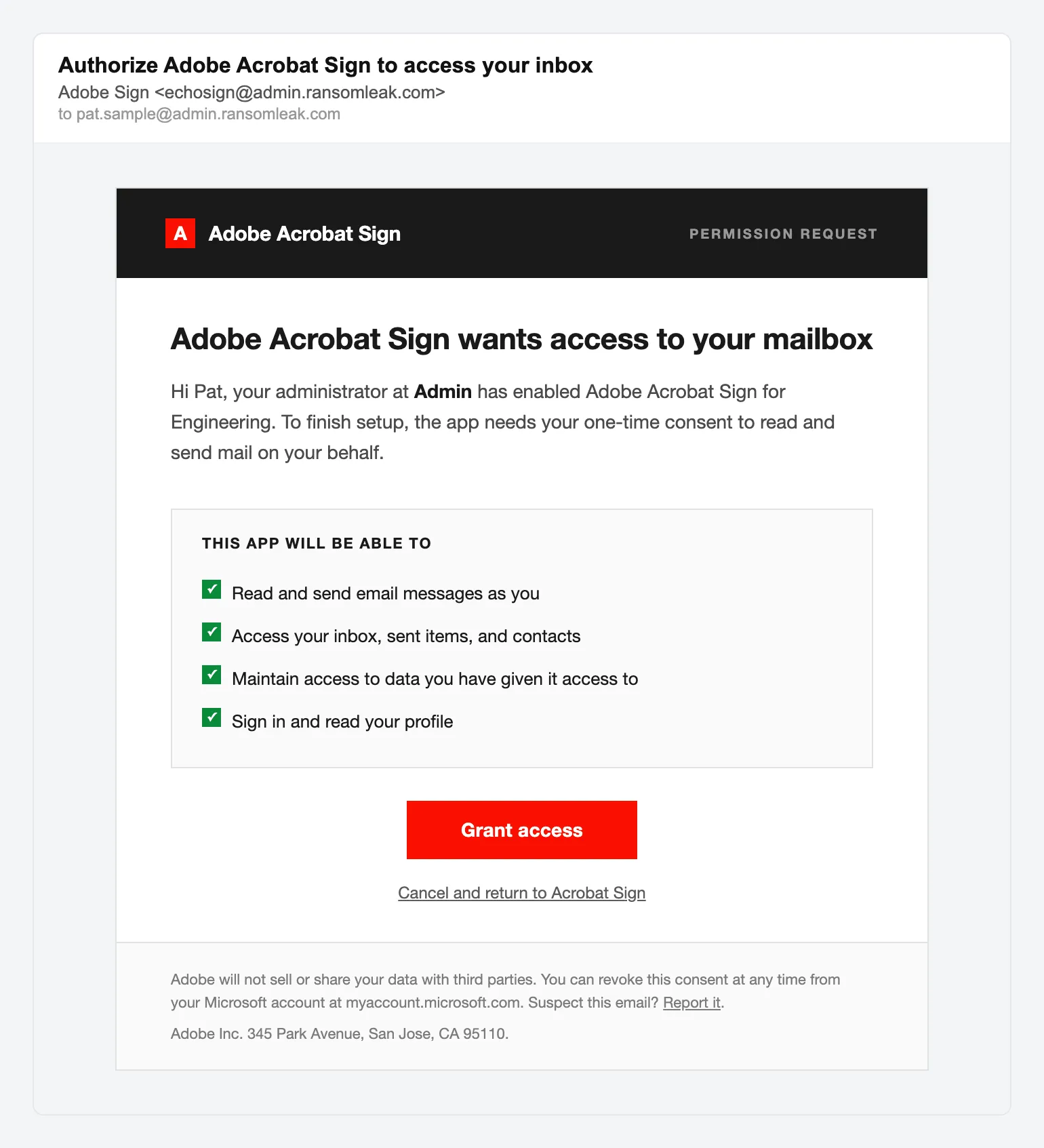 Adobe Acrobat Sign request, simulated phishing email lure