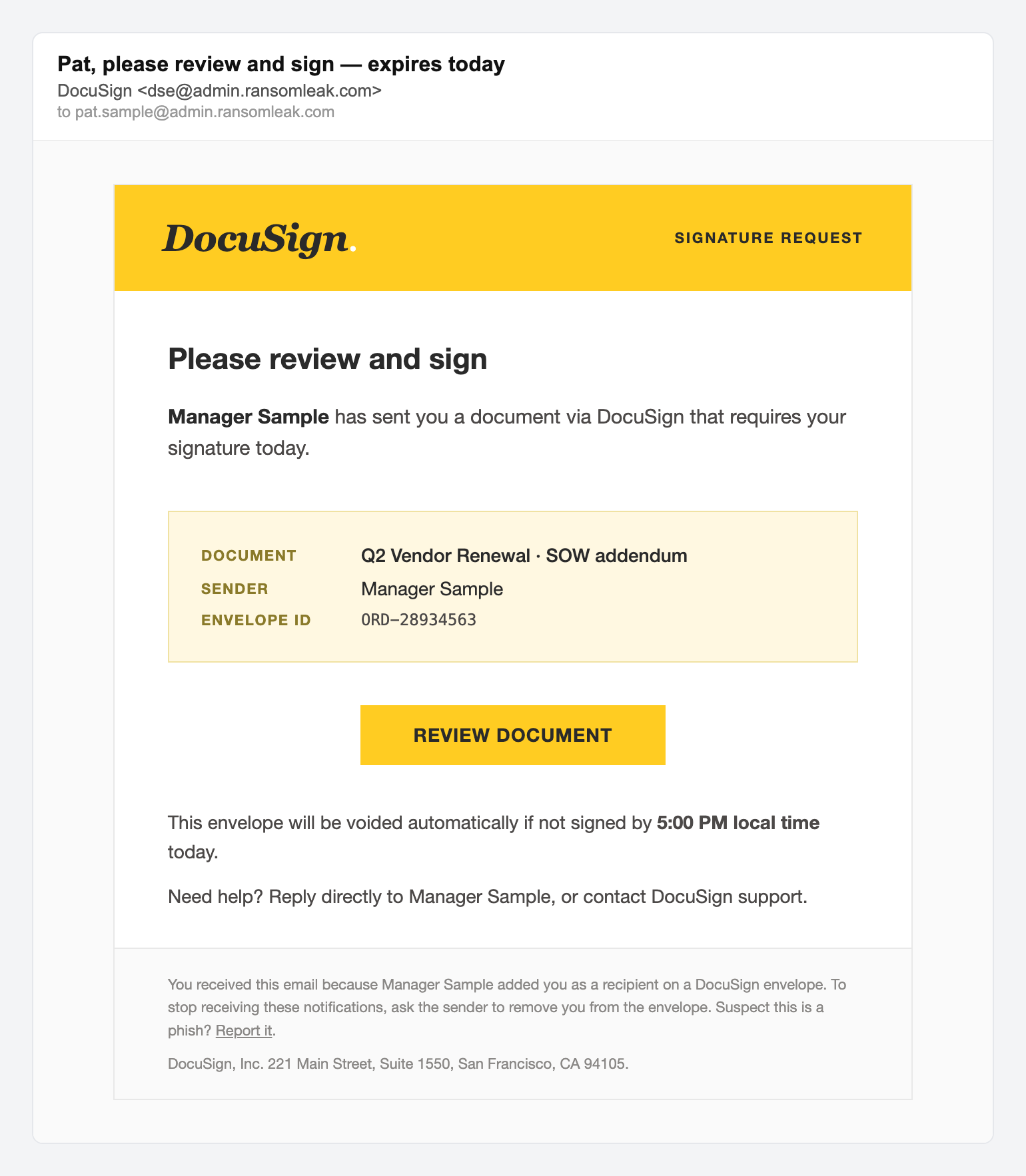 DocuSign signature request, simulated phishing email lure