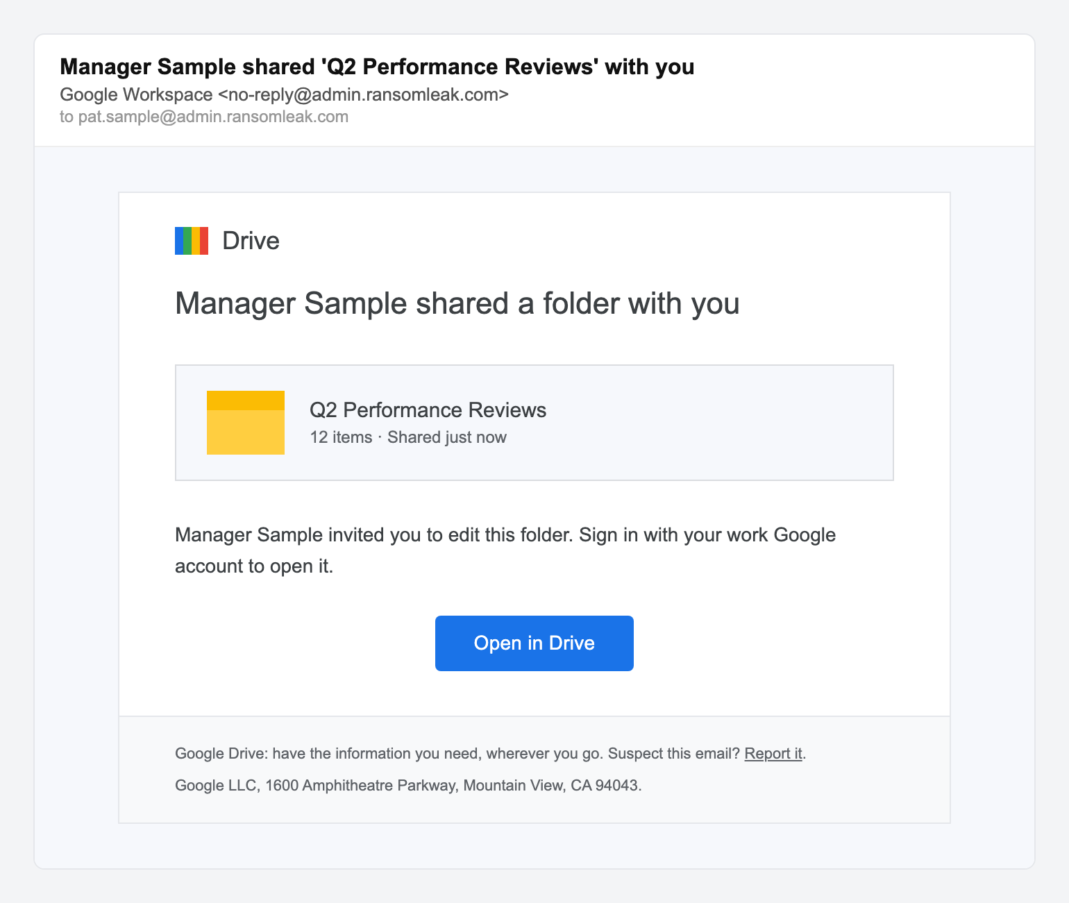 Google Drive folder shared, simulated phishing email lure