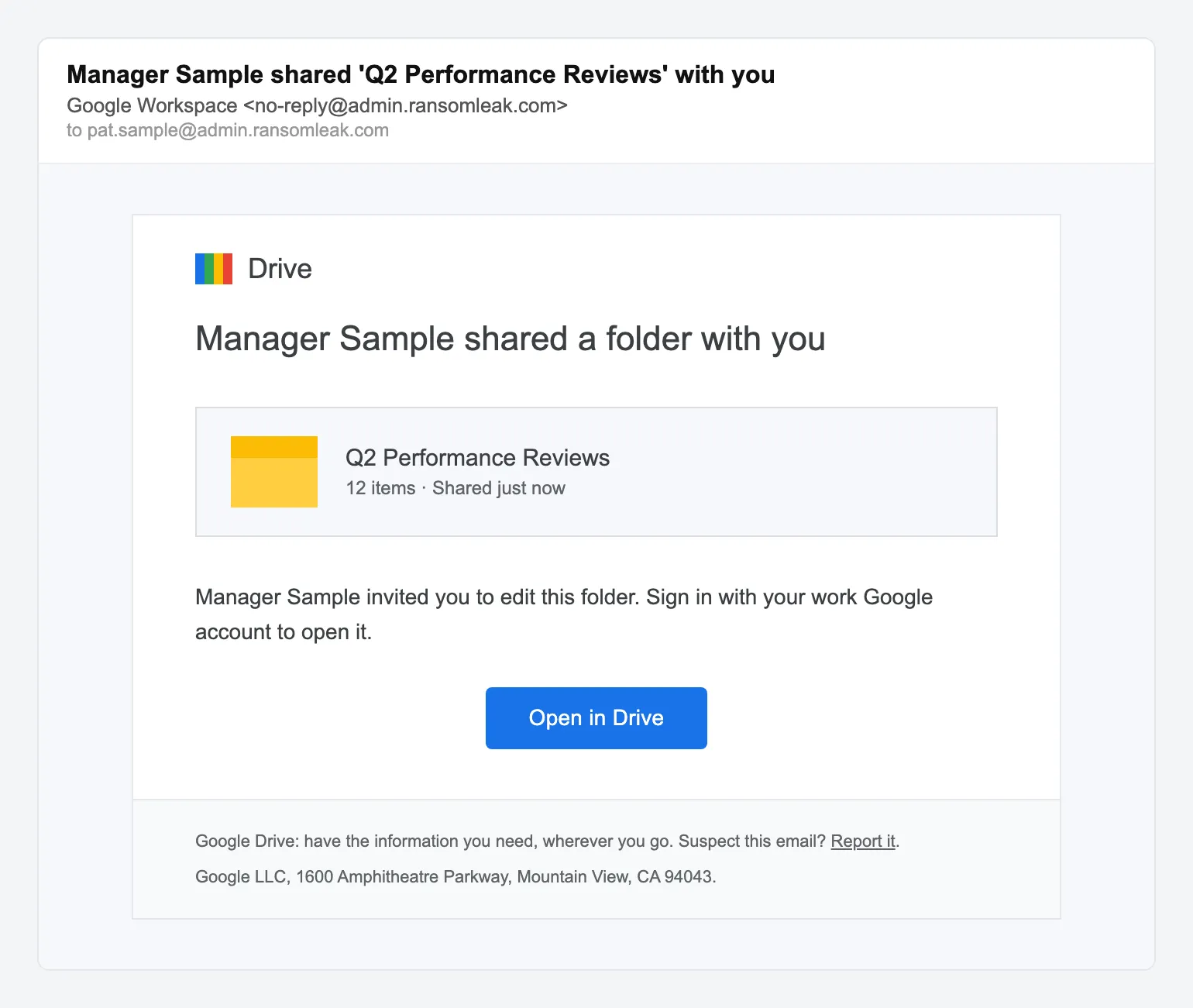 Google Drive folder shared, simulated phishing email lure