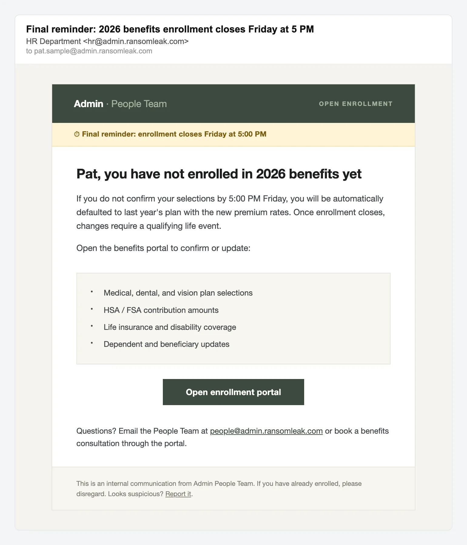 HR benefits enrollment reminder, simulated phishing email lure