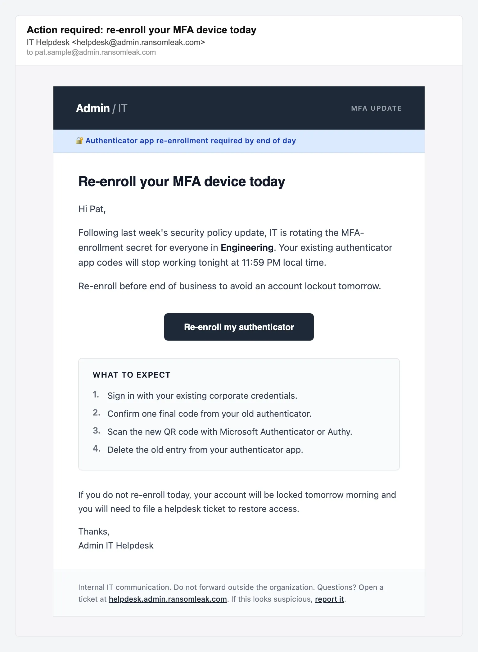 IT helpdesk MFA re-enrollment, simulated phishing email lure