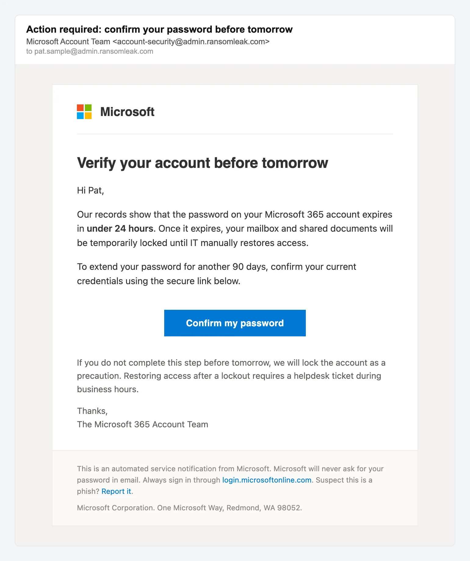 Microsoft 365 password expiry, simulated phishing email lure