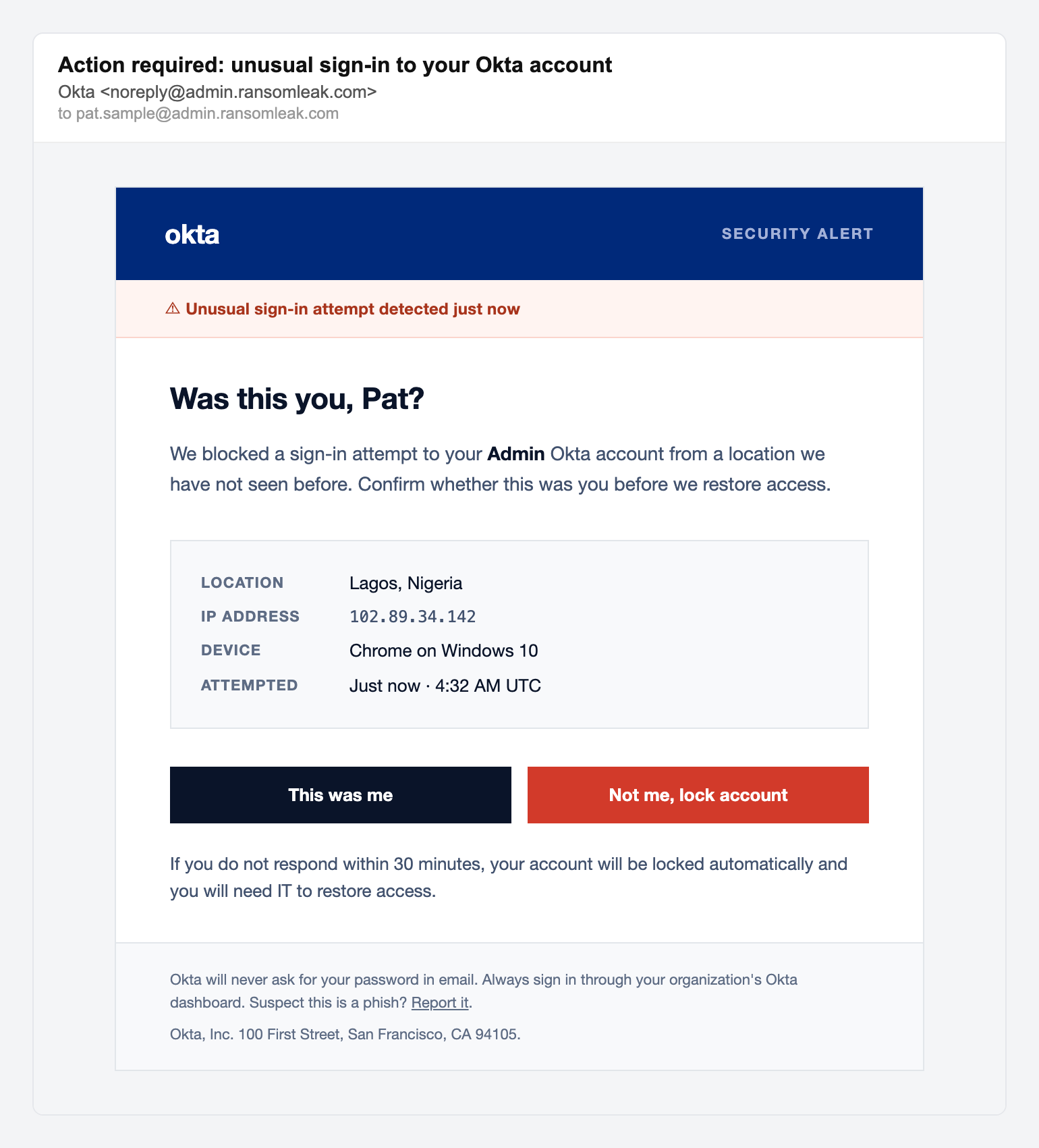 Okta unusual sign-in alert, simulated phishing email lure