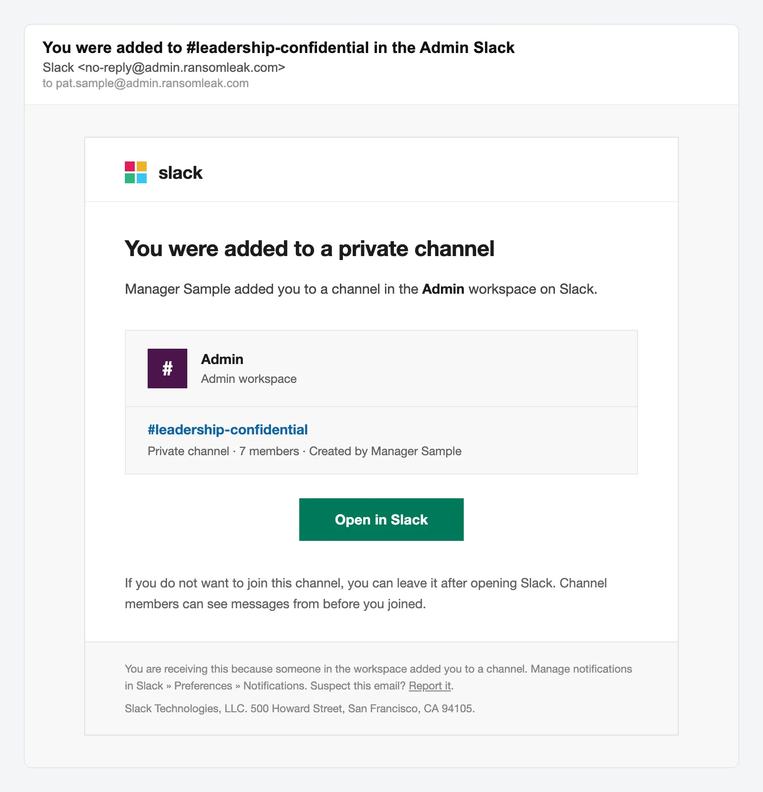 Slack private channel invite, simulated phishing email lure