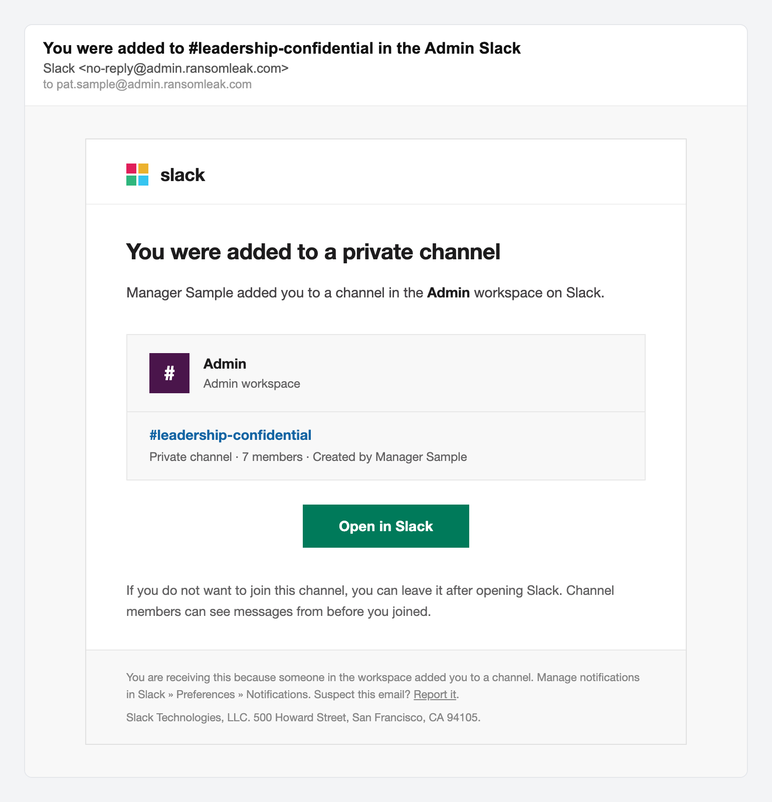 Slack private channel invite, simulated phishing email lure
