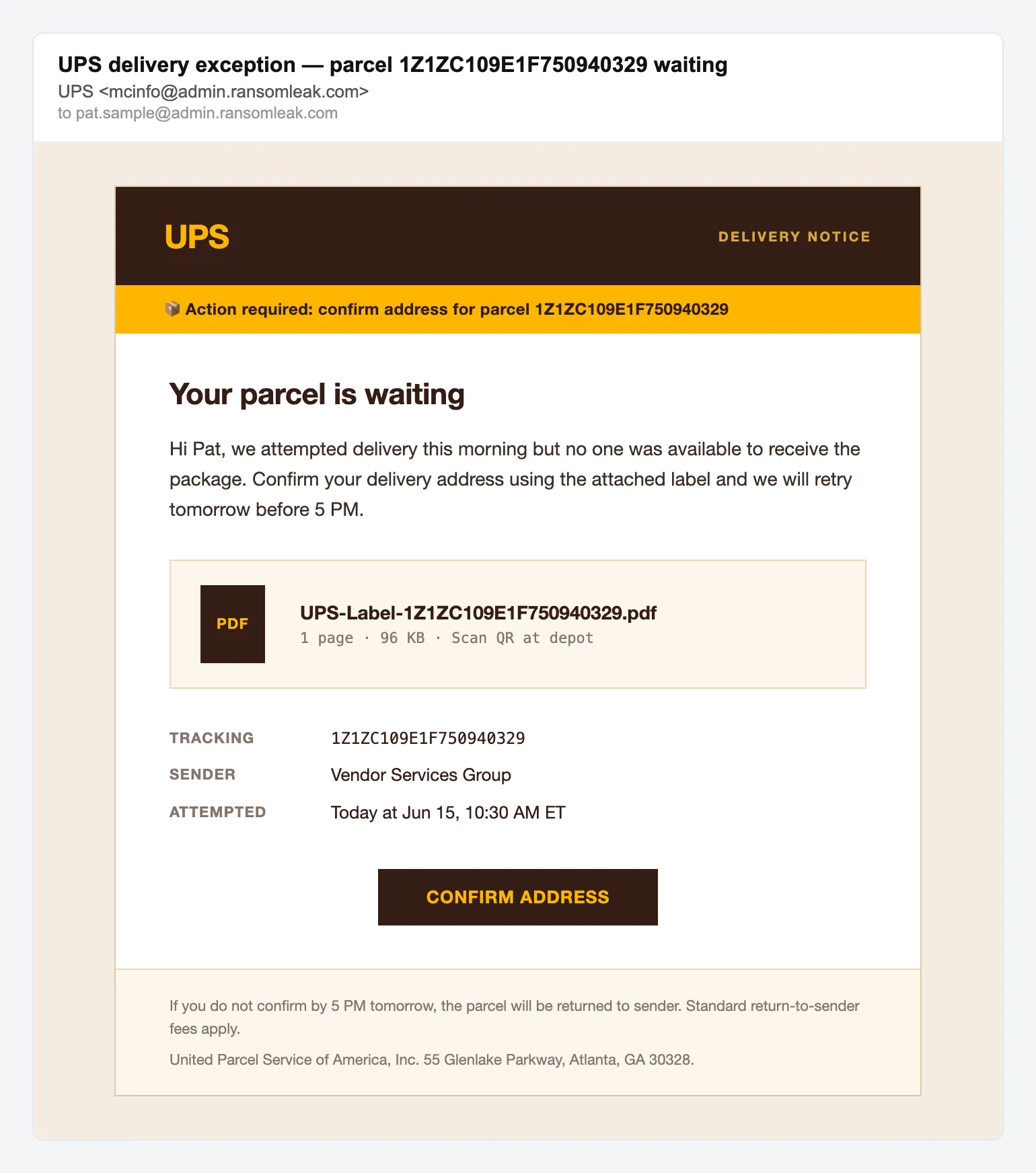 UPS parcel delivery exception, simulated phishing email lure