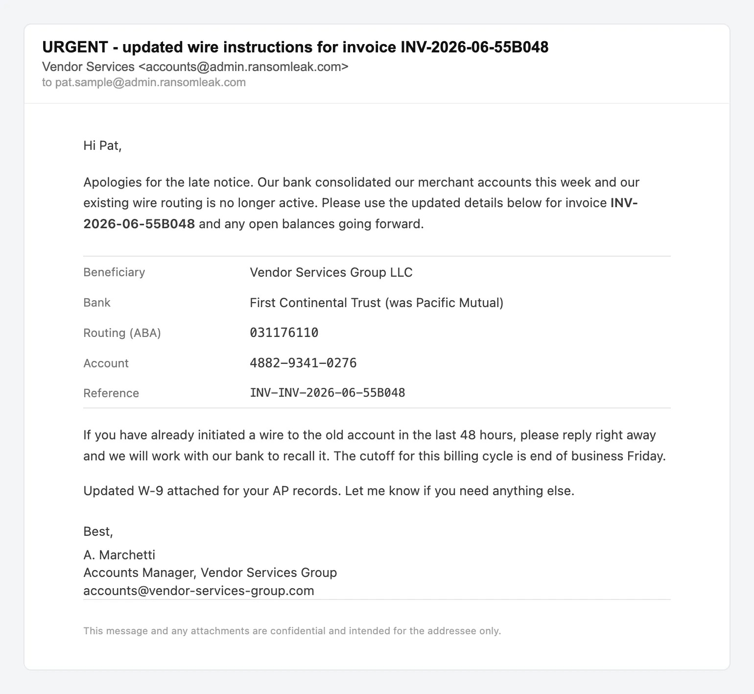 Vendor wire instruction change, simulated phishing email lure