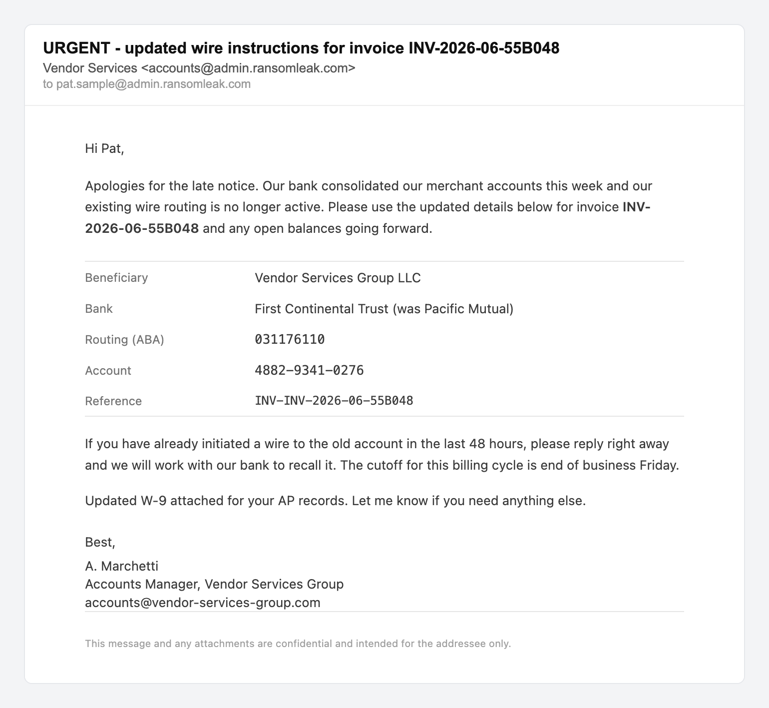 Vendor wire instruction change, simulated phishing email lure