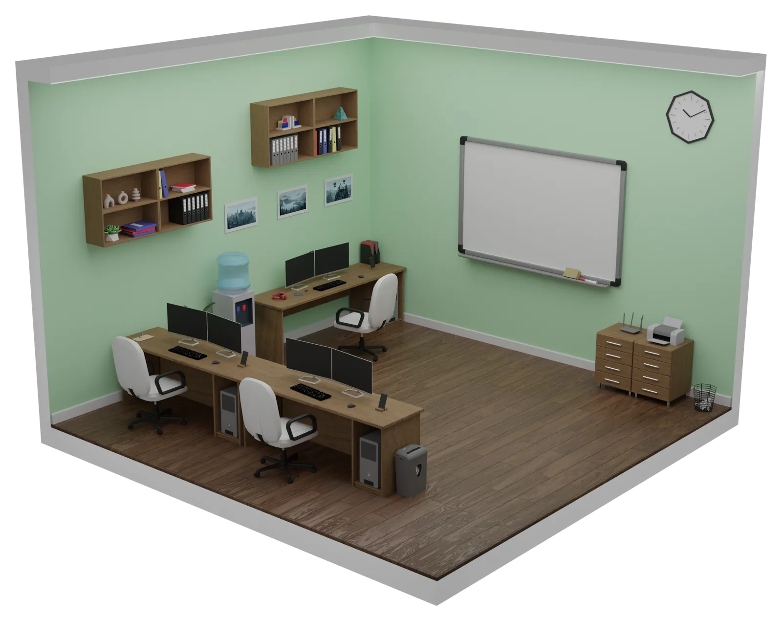 Isometric 3D render of an open-plan office with three desks, a shared whiteboard, a printer, a paper shredder and a water cooler