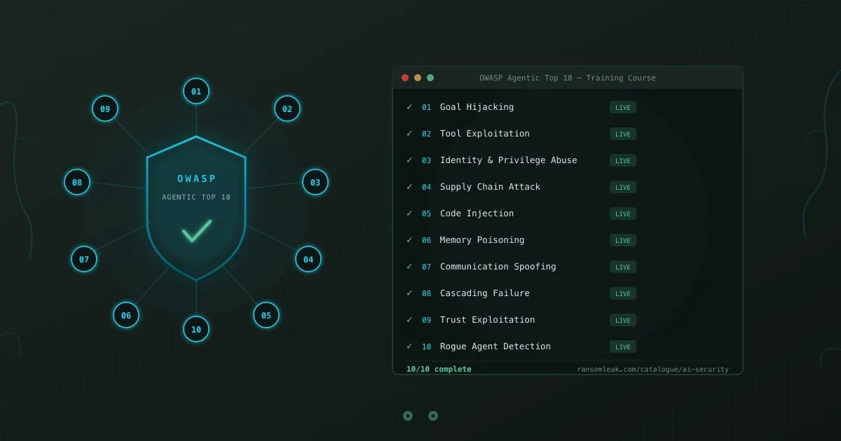 OWASP Top 10 for Agentic Applications training course - terminal showing all 10 exercises live with checkmarks