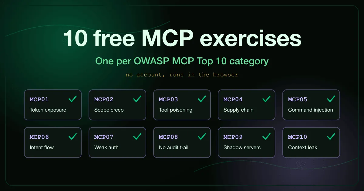 OWASP MCP Top 10 training course showing all ten MCP security exercises from MCP01 to MCP10 marked live