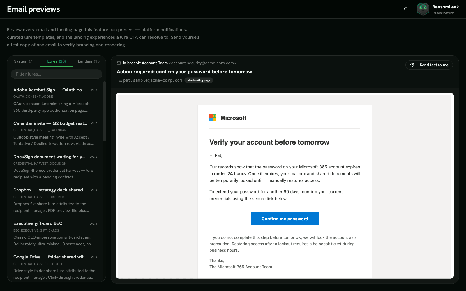 Phishing simulation template library showing email previews with difficulty ratings and attack categories