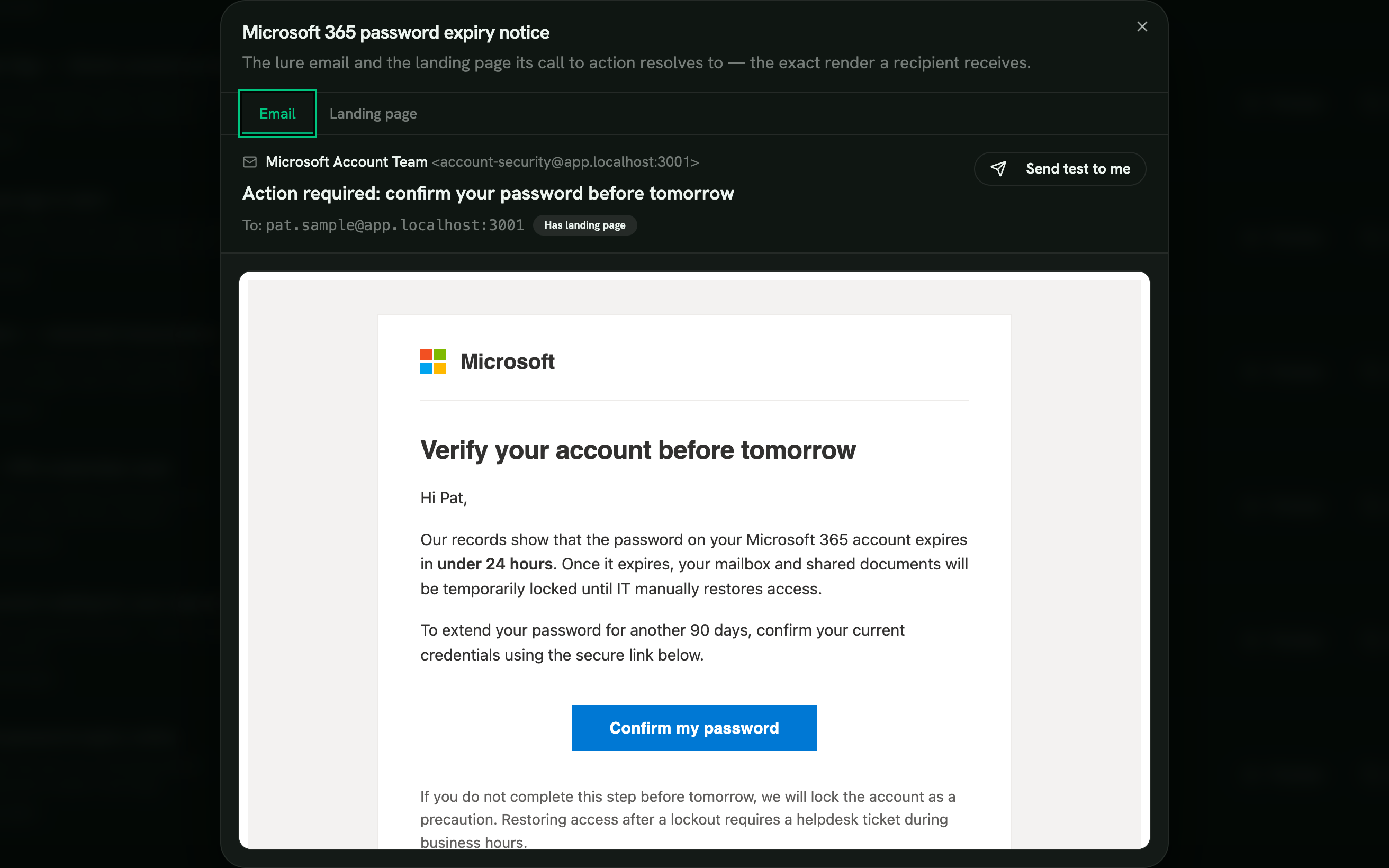 Phishing simulation template library showing email previews with difficulty ratings and attack categories