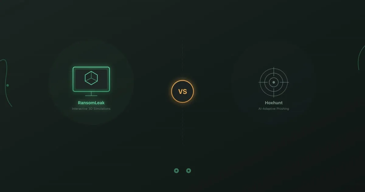 Side-by-side comparison of RansomLeak interactive 3D simulations versus Hoxhunt AI-adaptive phishing platform