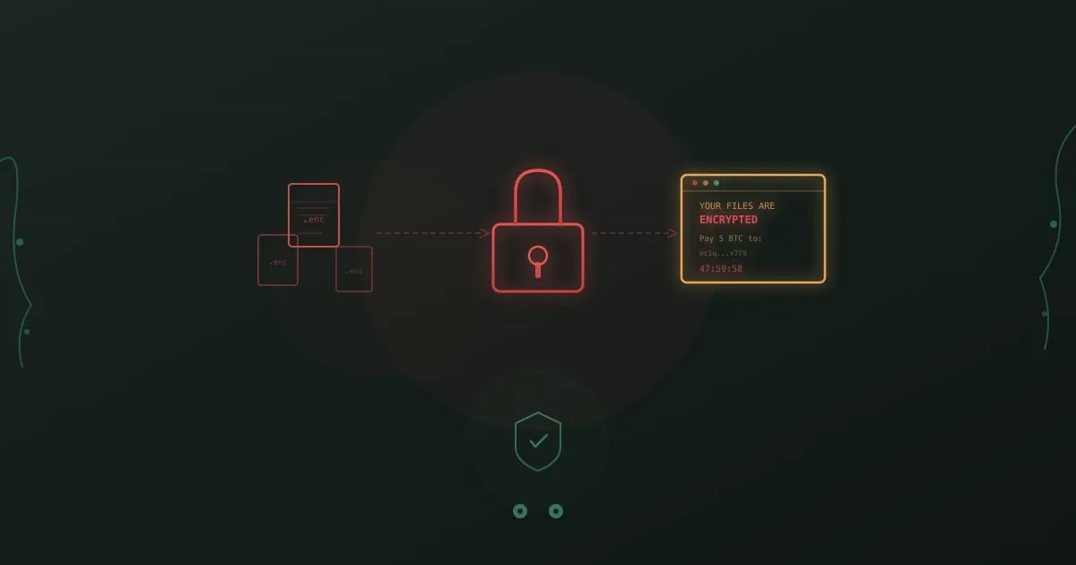 Ransomware attack visualization showing encrypted files, a locked padlock, and a ransom note countdown timer