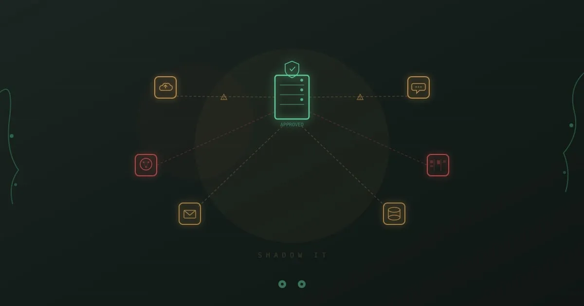 Shadow IT security risks - unauthorized cloud apps orbiting a corporate server, connected by warning-flagged data flows