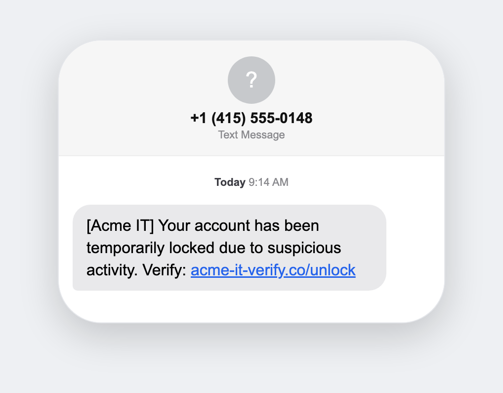 Account suspended, simulated smishing text message