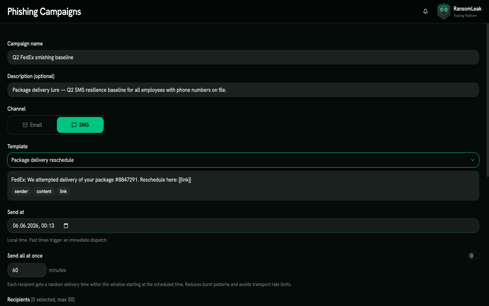 Smishing campaign editor with the SMS channel selected, a package-delivery template chosen from the curated catalog, and the rendered text body with red-flag tags for sender, content, and link