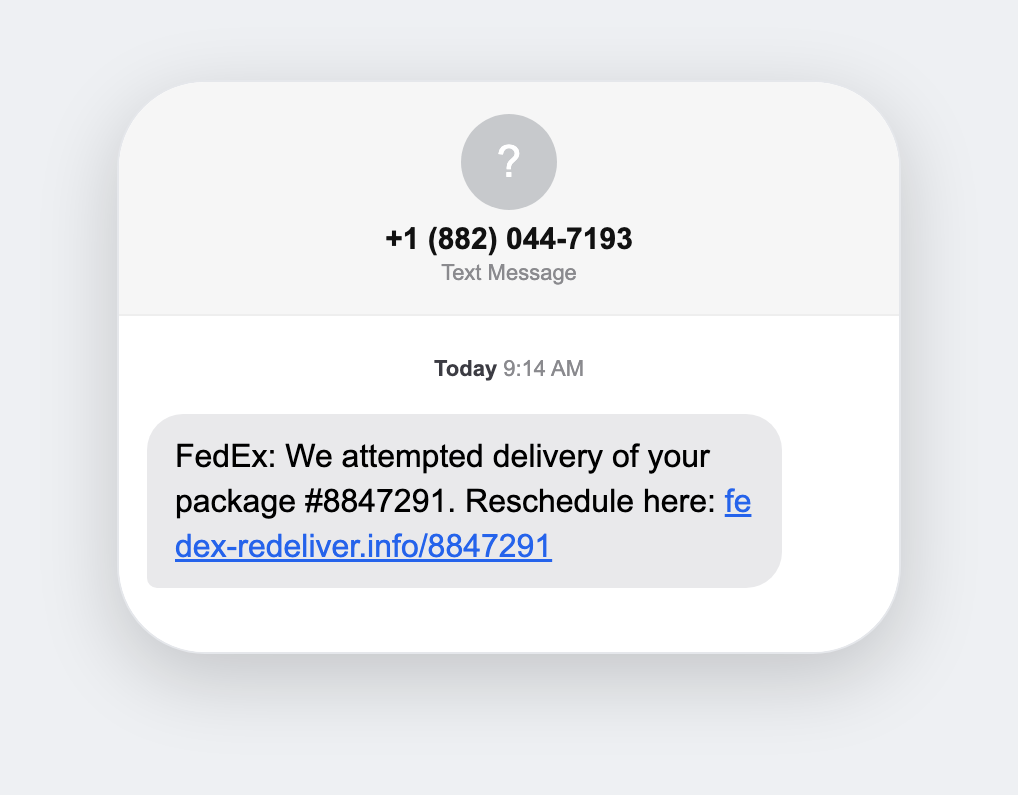 Package delivery exception, simulated smishing text message