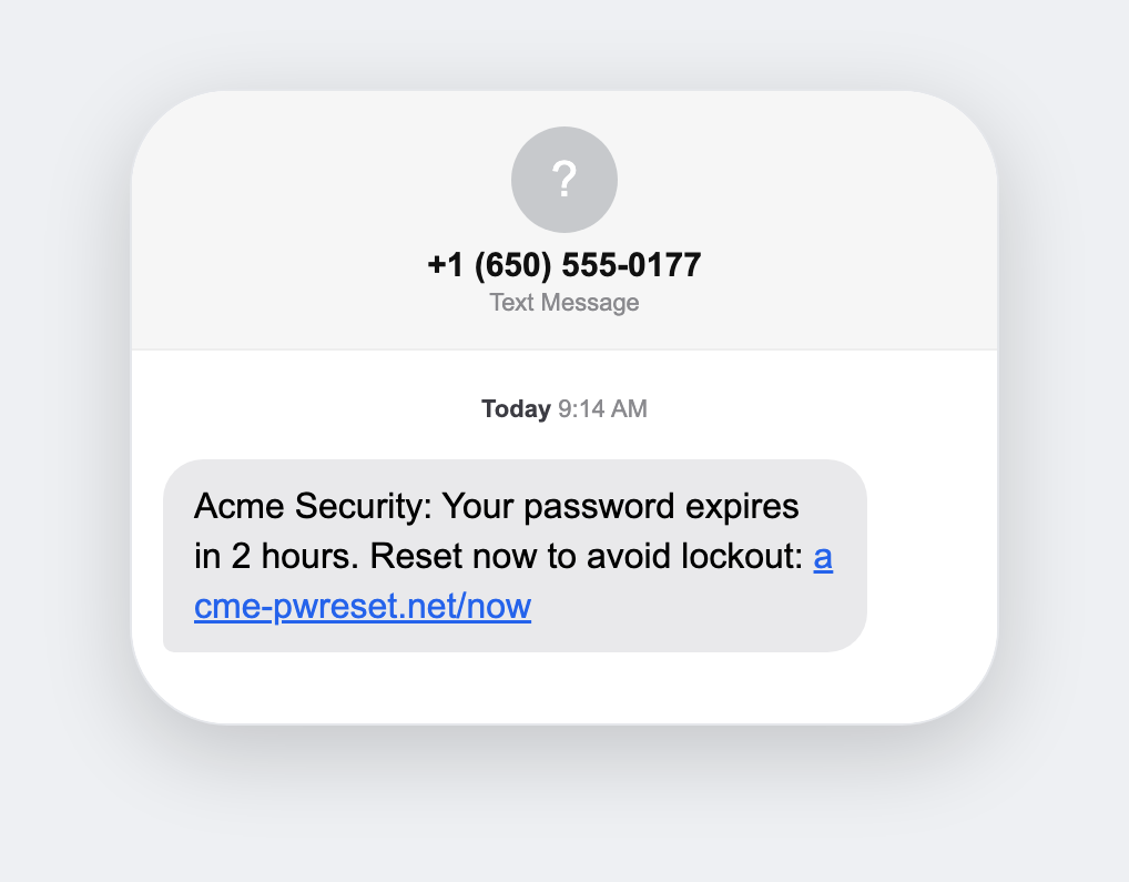Password expiry, simulated smishing text message