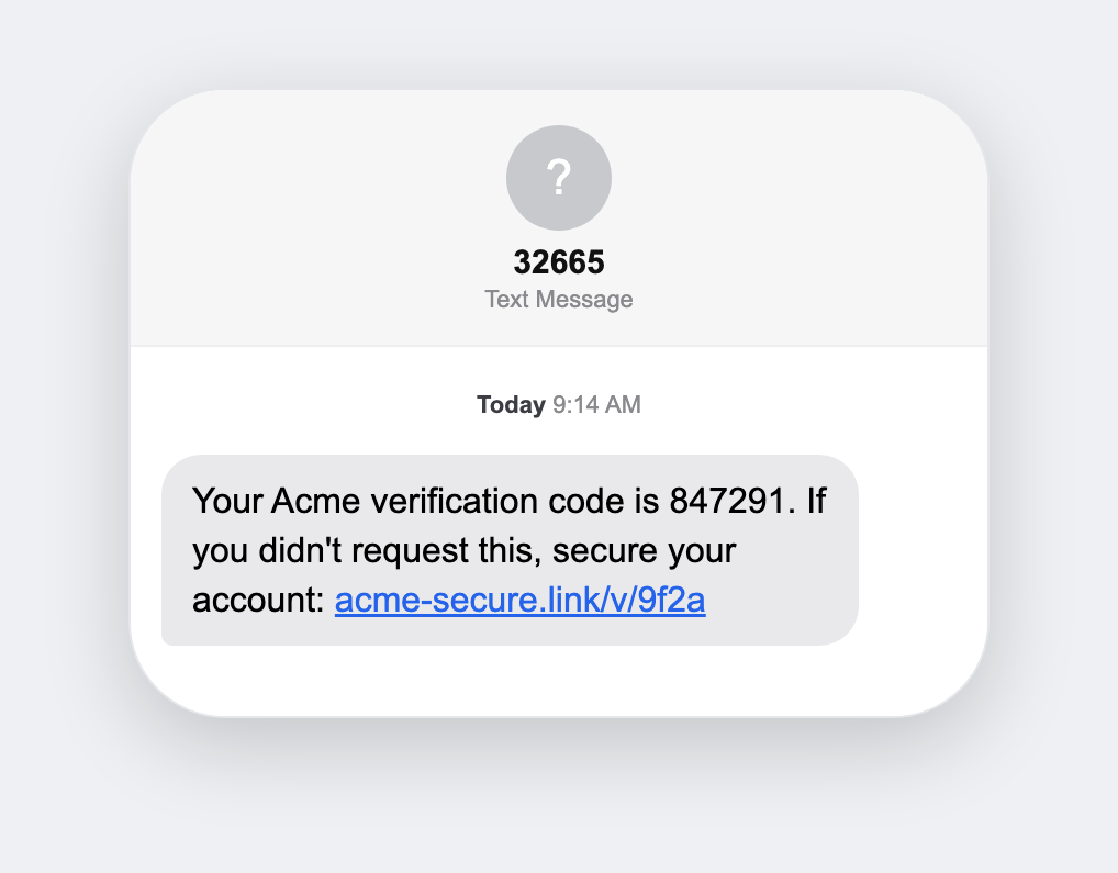 Unsolicited MFA code, simulated smishing text message