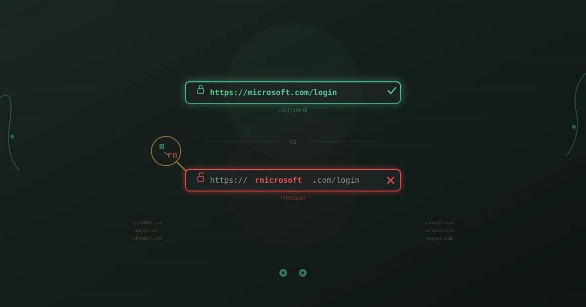 Comparison of a legitimate URL and a typosquatted URL showing how replacing the letter m with rn creates a convincing lookalike domain